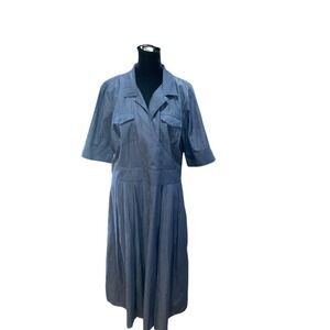 eShakti Blue Chambray Cotton Wrap Midi Dress Utility Pleated XL 18